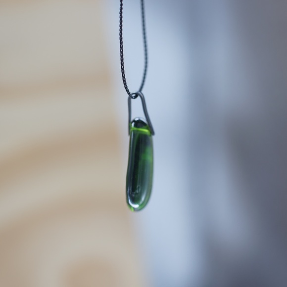 Wine Glass Necklace Green Black Recycled Alcohol Bottle Unique Gift Her Seaglass - Picture 4 of 6